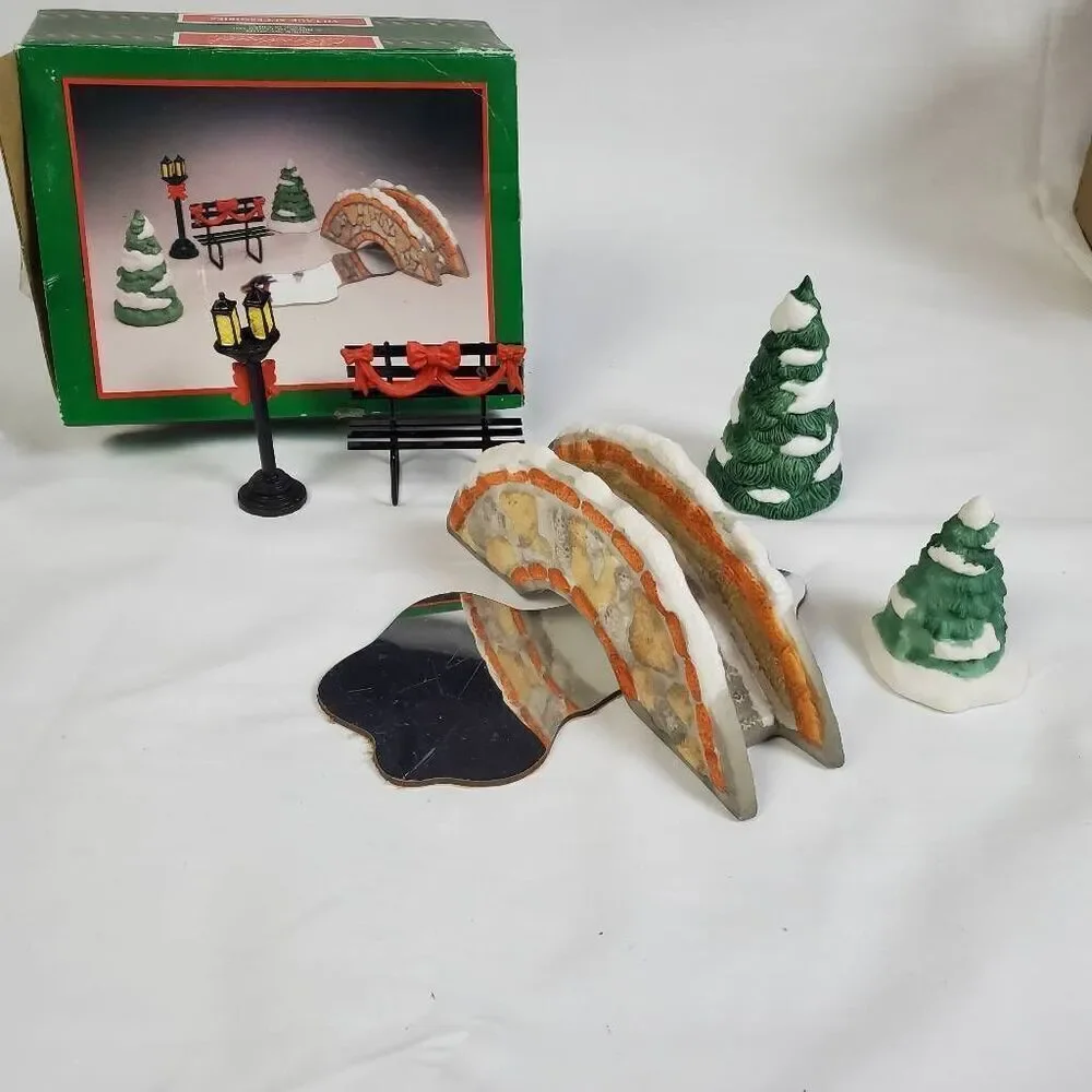 Vintage 1991 House of Lloyd Christmas Village Accessories Set – Bridge, Trees, B
